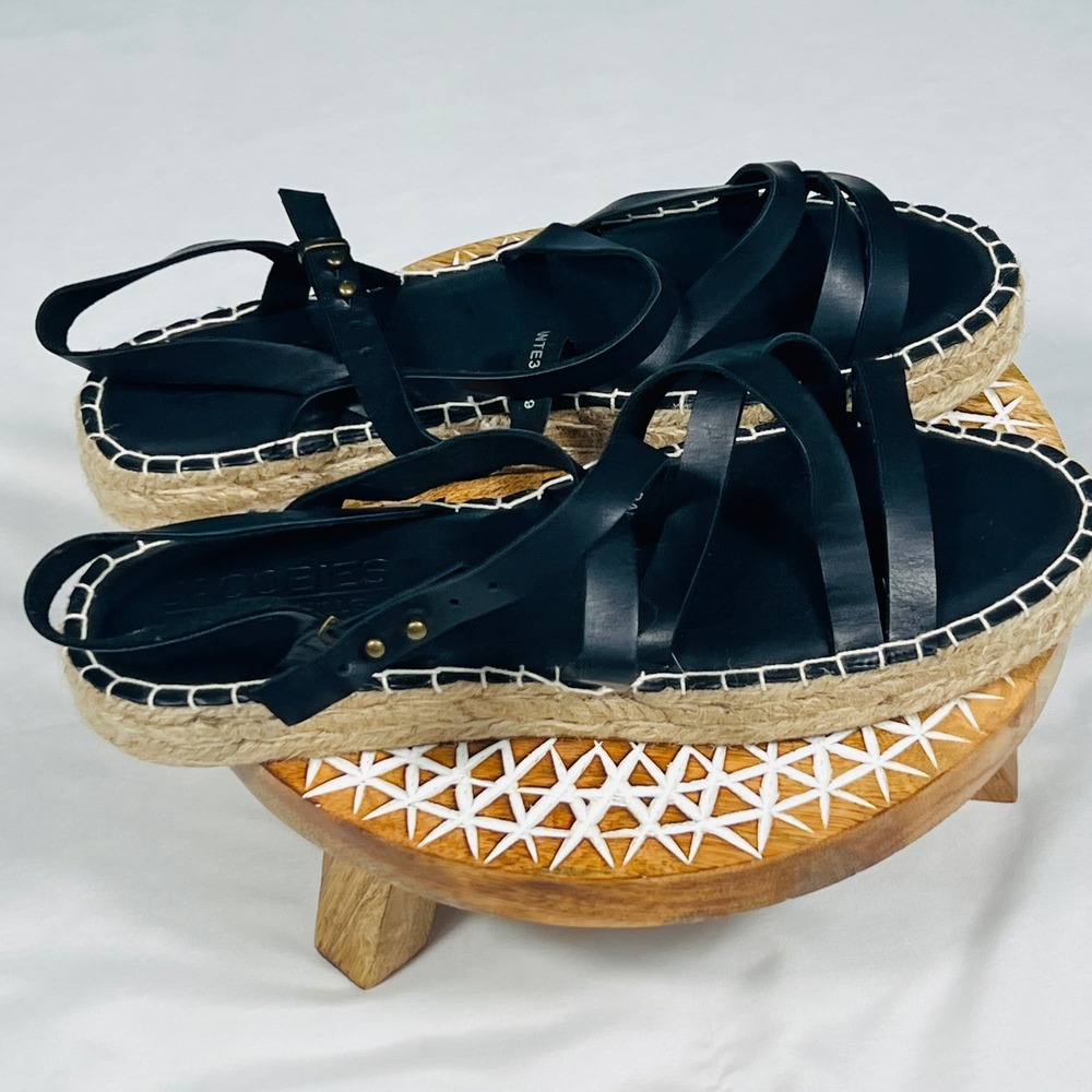 Jacobies Beverly Hills Dante3 Black Leather Strappy Espadrille Sandals Womens 9